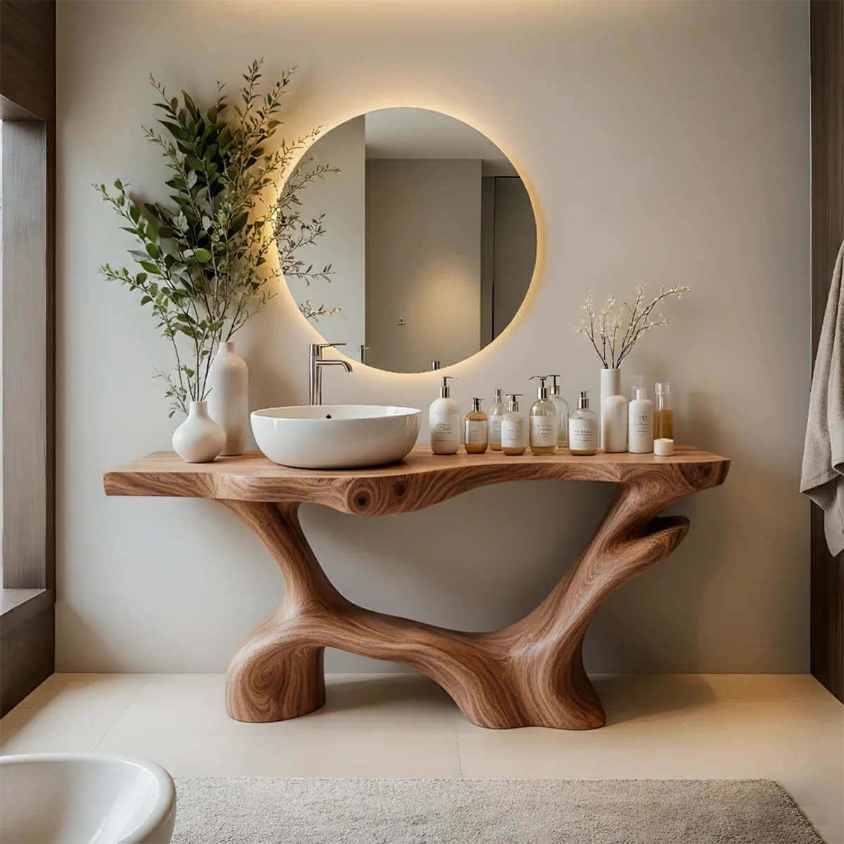 Double-Sculpted Wood Pedestal Vanity – Organic Modern Bathroom Sink Table - Rustira