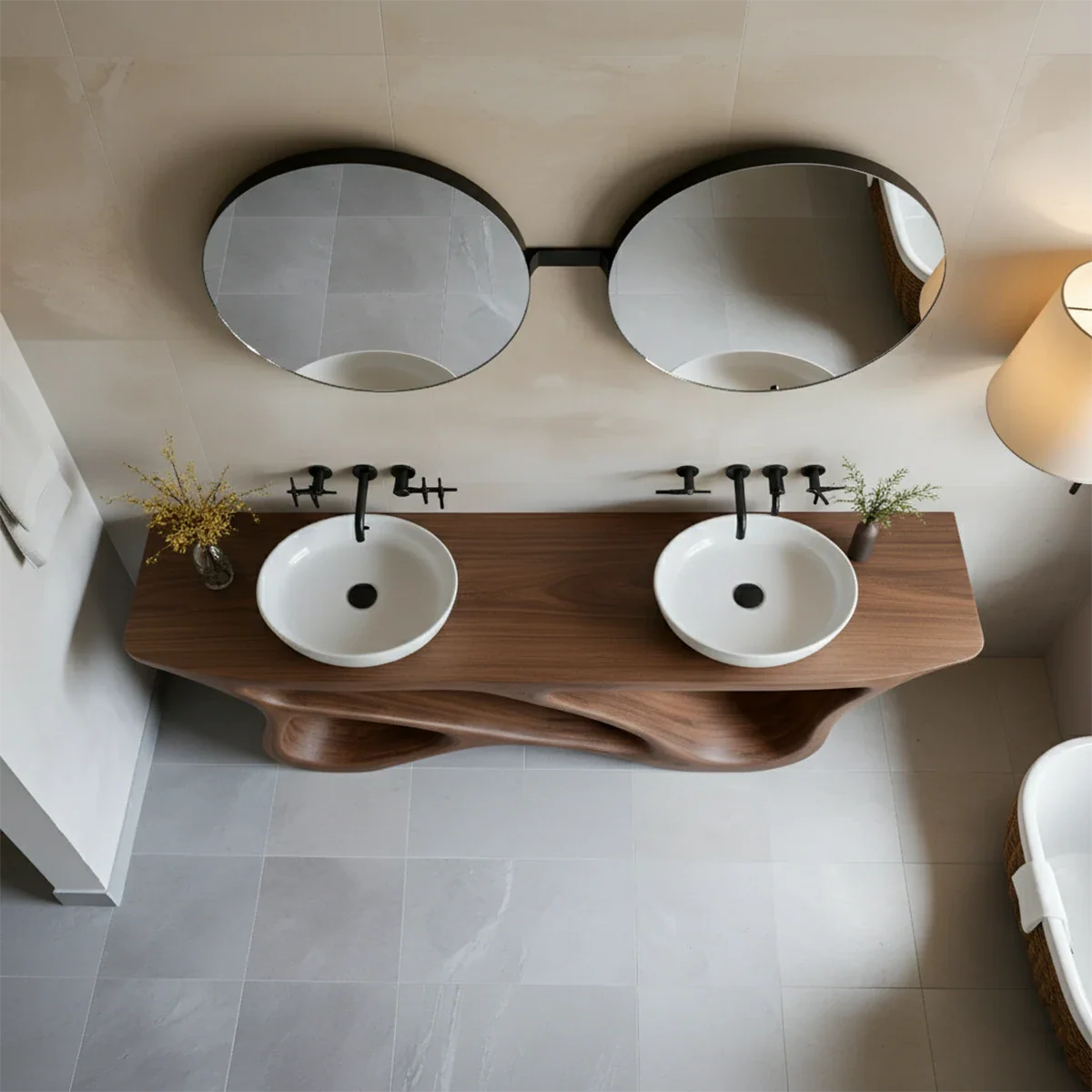 Double Sink Solid Walnut Vanity with Sculptural Flow Design - Rustira