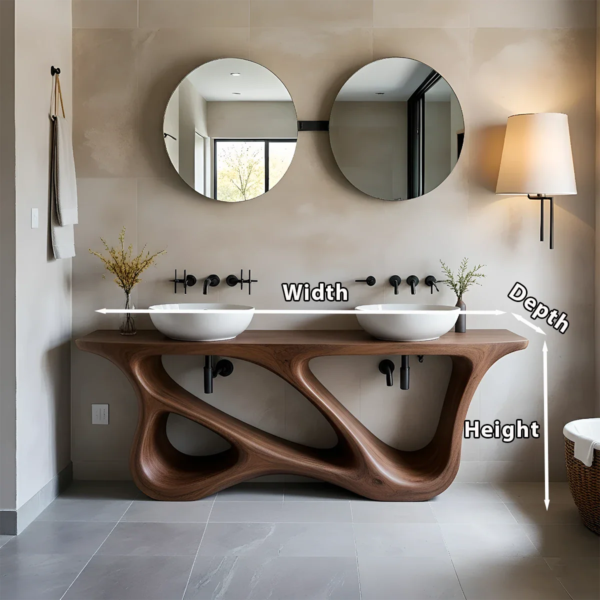 Double Sink Solid Walnut Vanity with Sculptural Flow Design - Rustira