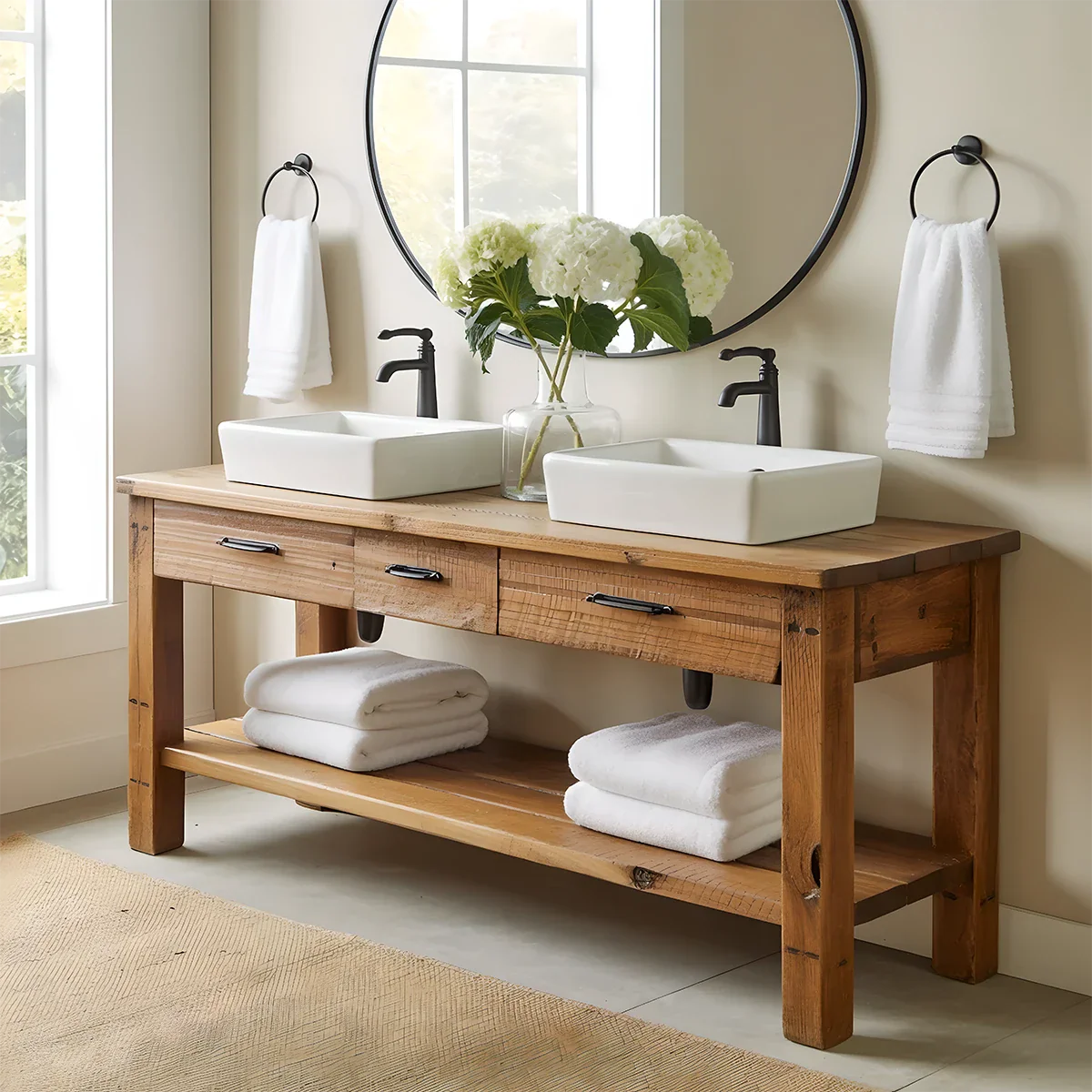 Double Sink Solid Wood Bathroom Vanity – Rustic Farmhouse Handcrafted Cabinet - Rustira