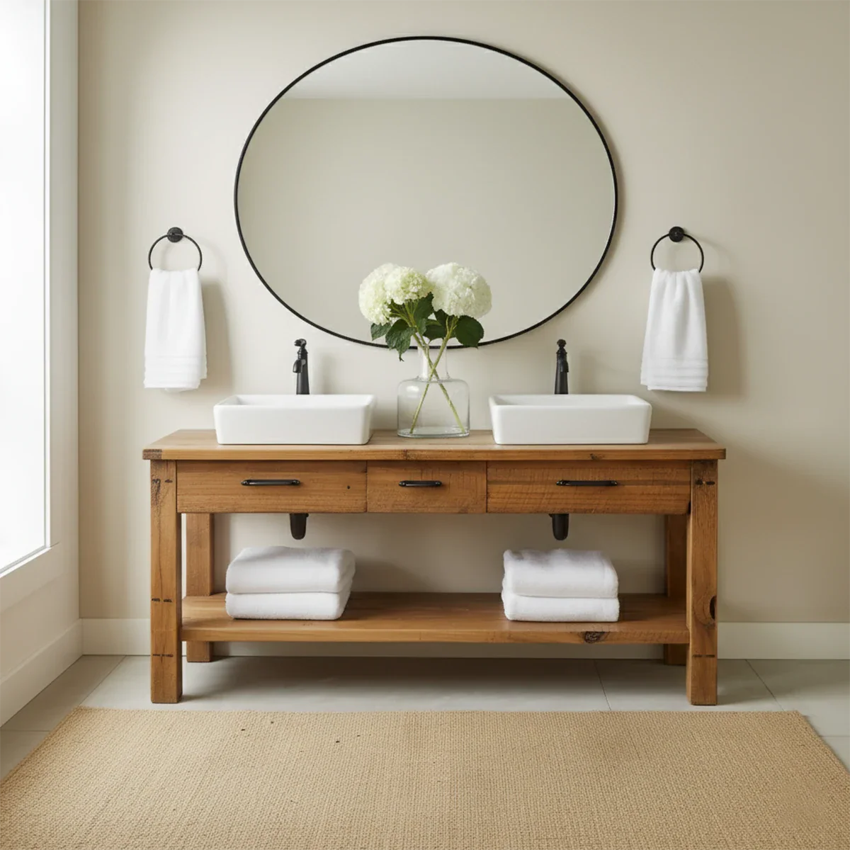 Double Sink Solid Wood Bathroom Vanity – Rustic Farmhouse Handcrafted Cabinet - Rustira