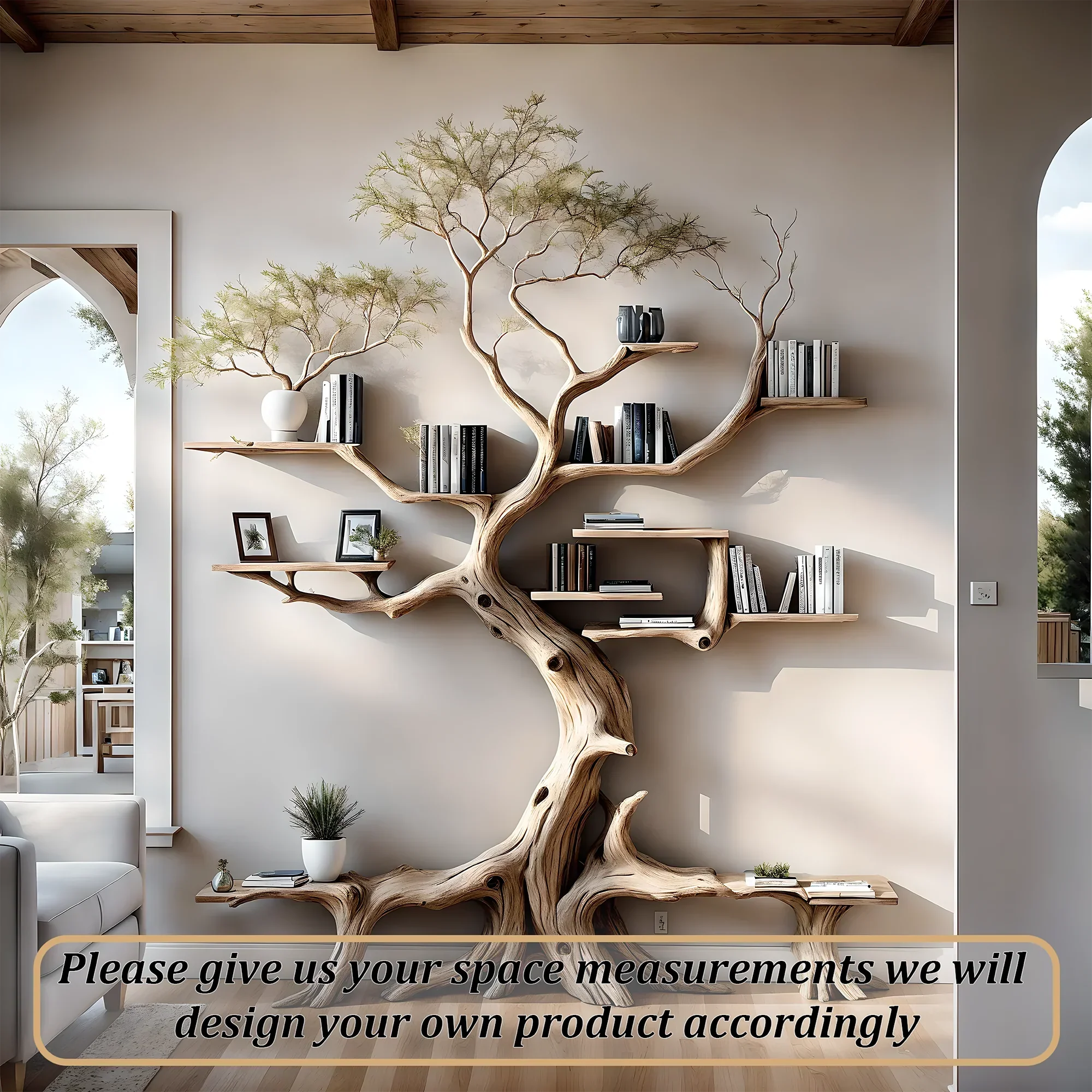 Driftwood bookshelf decorates home wall 