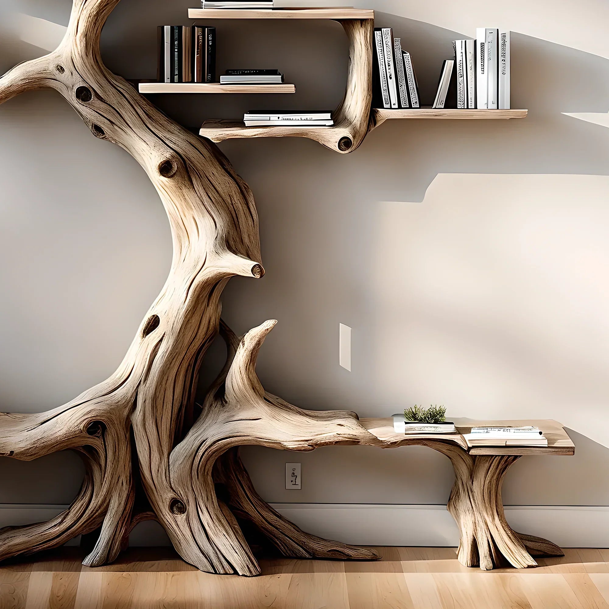 Driftwood bookshelf decorates home wall 