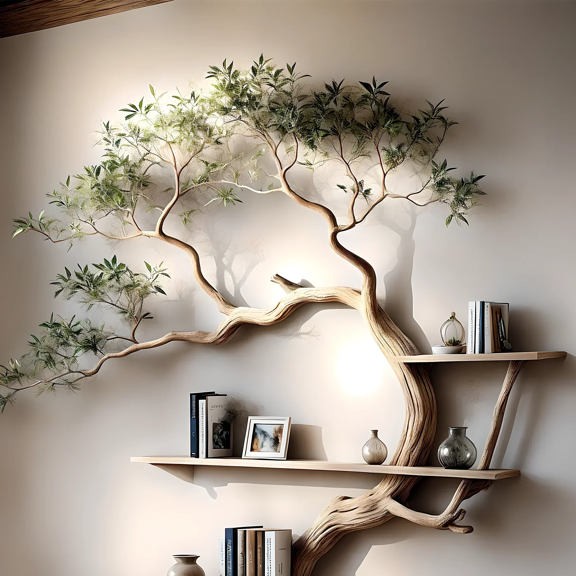 Driftwood tree-shaped bookshelf used to decorate living room, balcony 