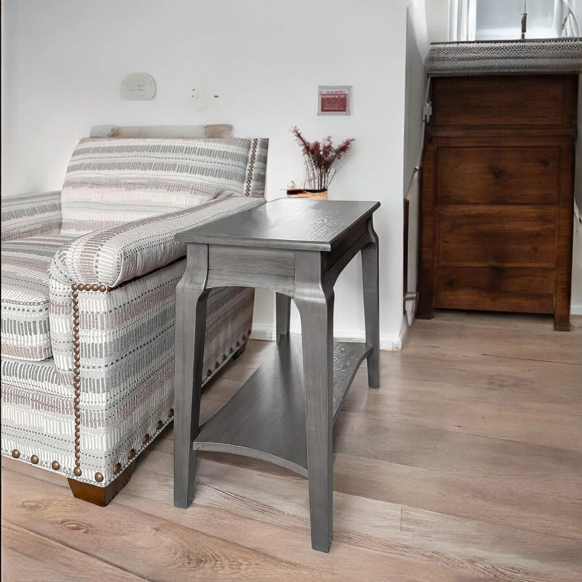 Elegant Gray Wood Side Table with Shelf – Classic Accent Table 