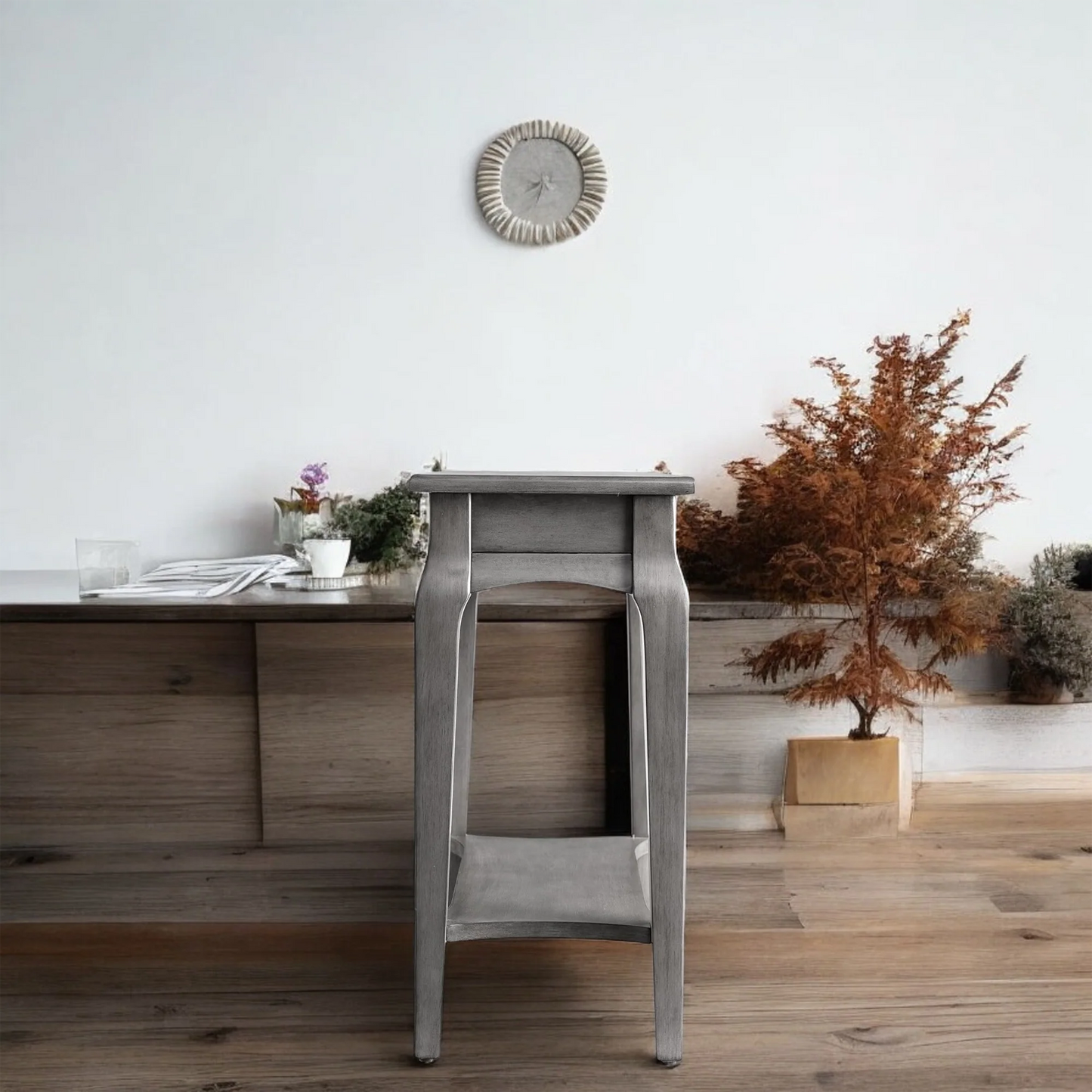 Elegant Gray Wood Side Table with Shelf – Classic Accent Table 