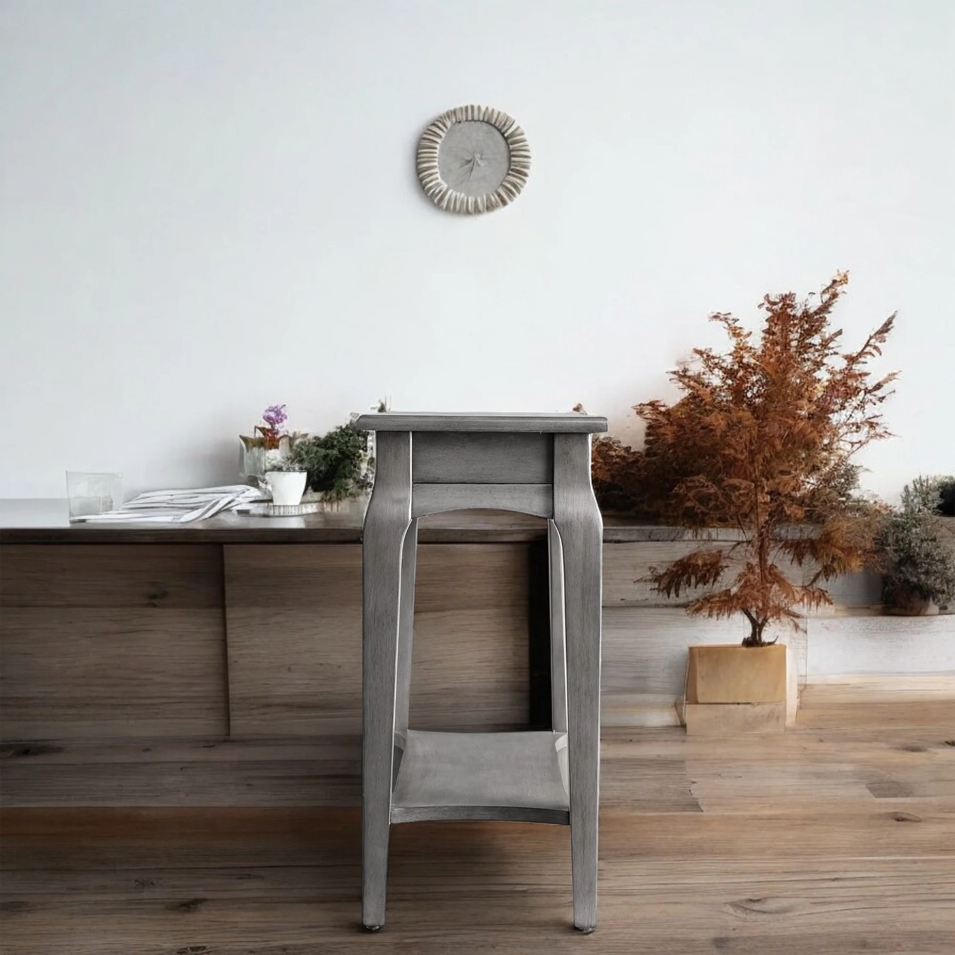 Elegant Gray Wood Side Table with Shelf – Classic Accent Table 