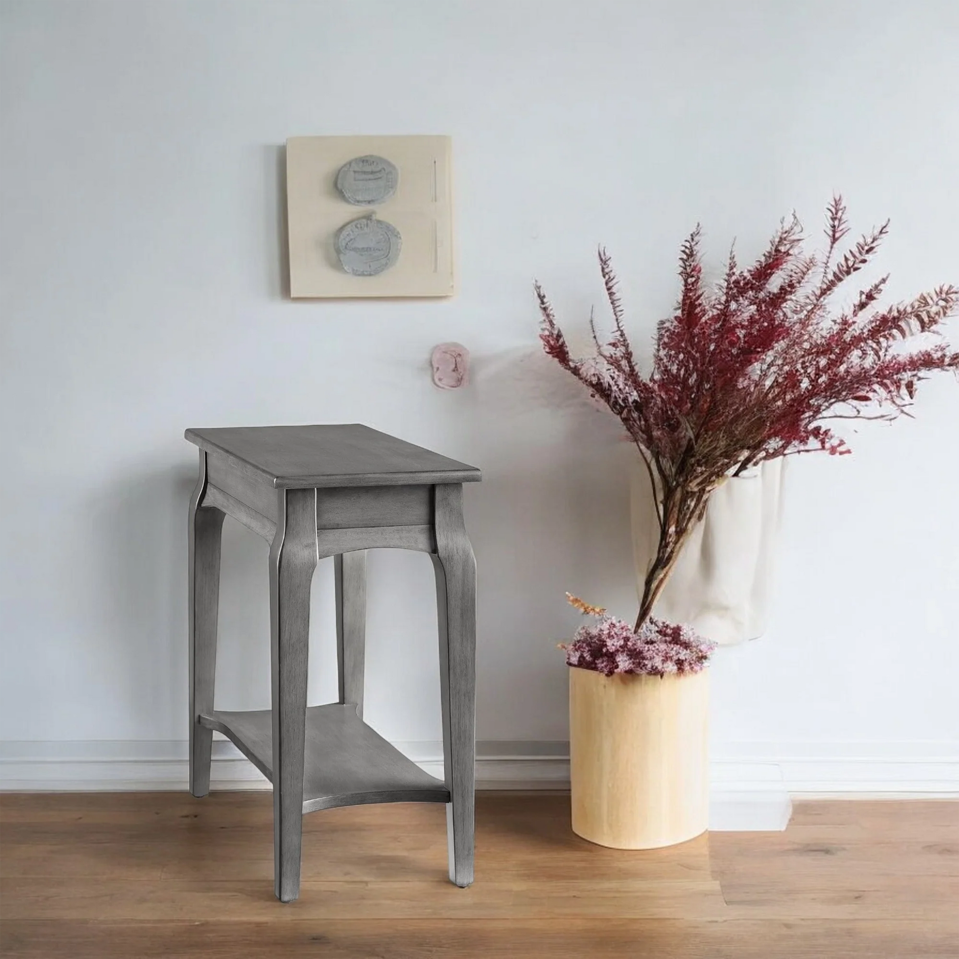 Elegant Gray Wood Side Table with Shelf – Classic Accent Table 