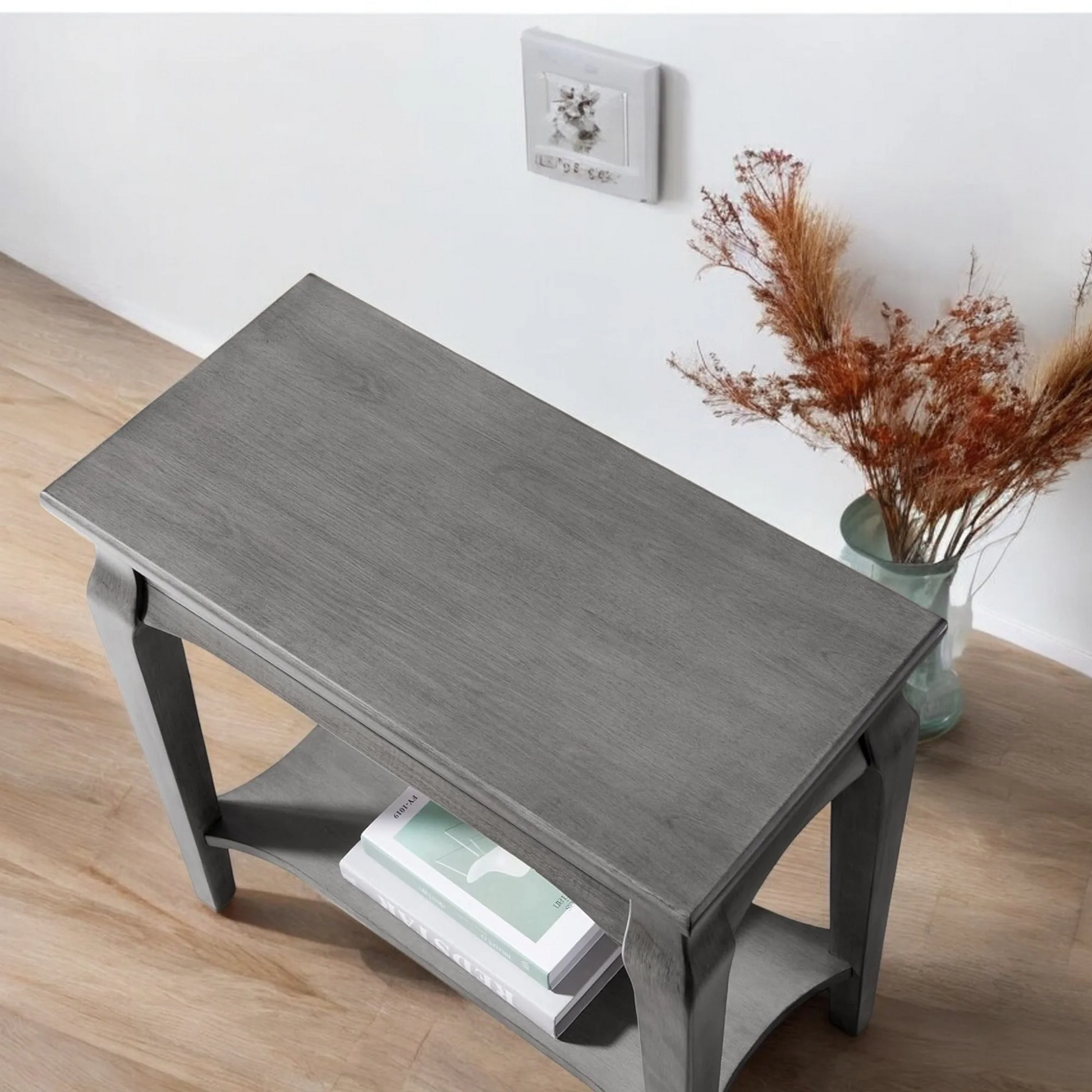 Elegant Gray Wood Side Table with Shelf – Classic Accent Table 