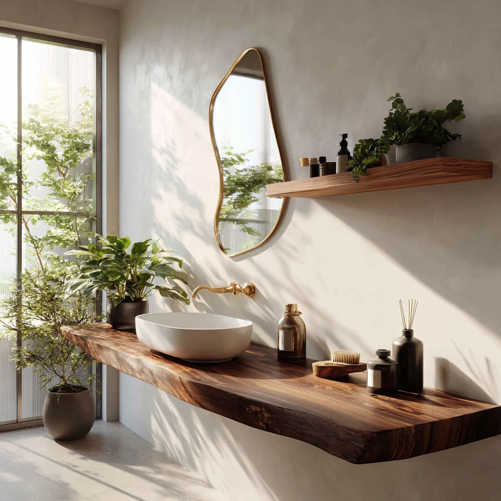 Farmhouse Solid Wood Live Edge Bathroom Vanity with Floating Shelf - Rustira