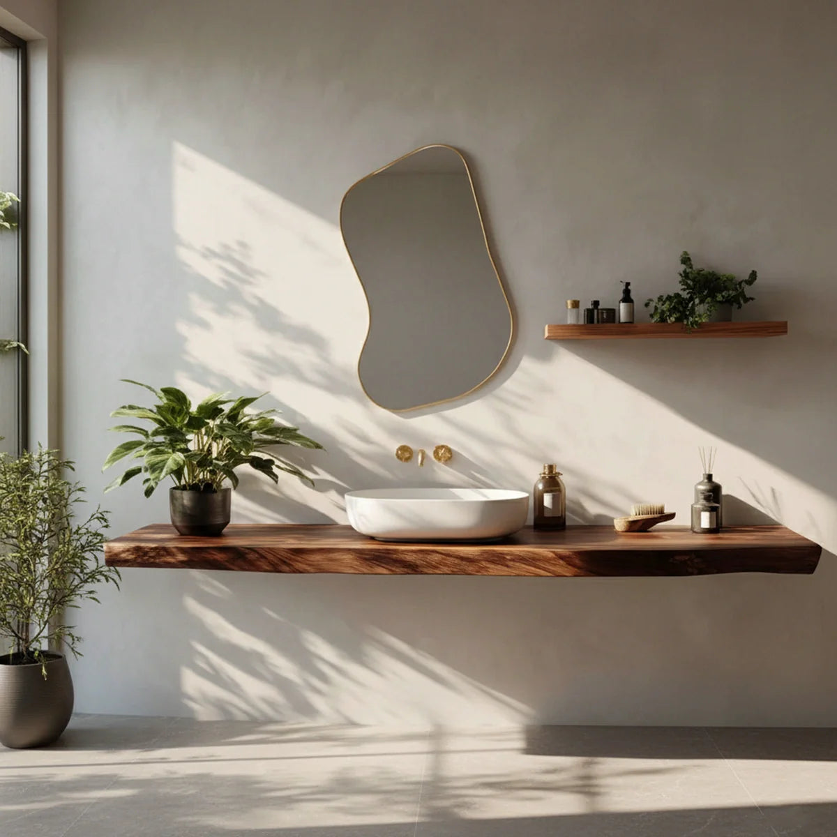 Farmhouse Solid Wood Live Edge Bathroom Vanity with Floating Shelf - Rustira