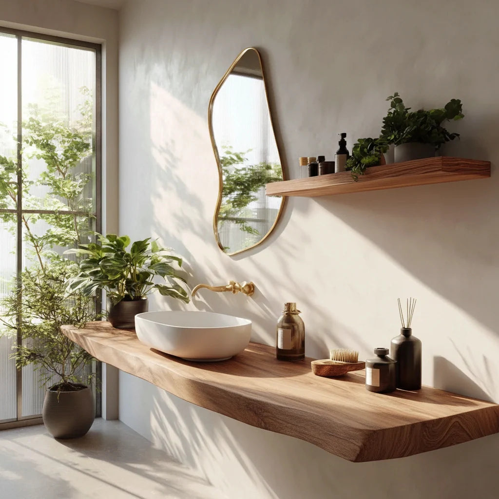 Farmhouse Solid Wood Live Edge Bathroom Vanity with Floating Shelf - Rustira
