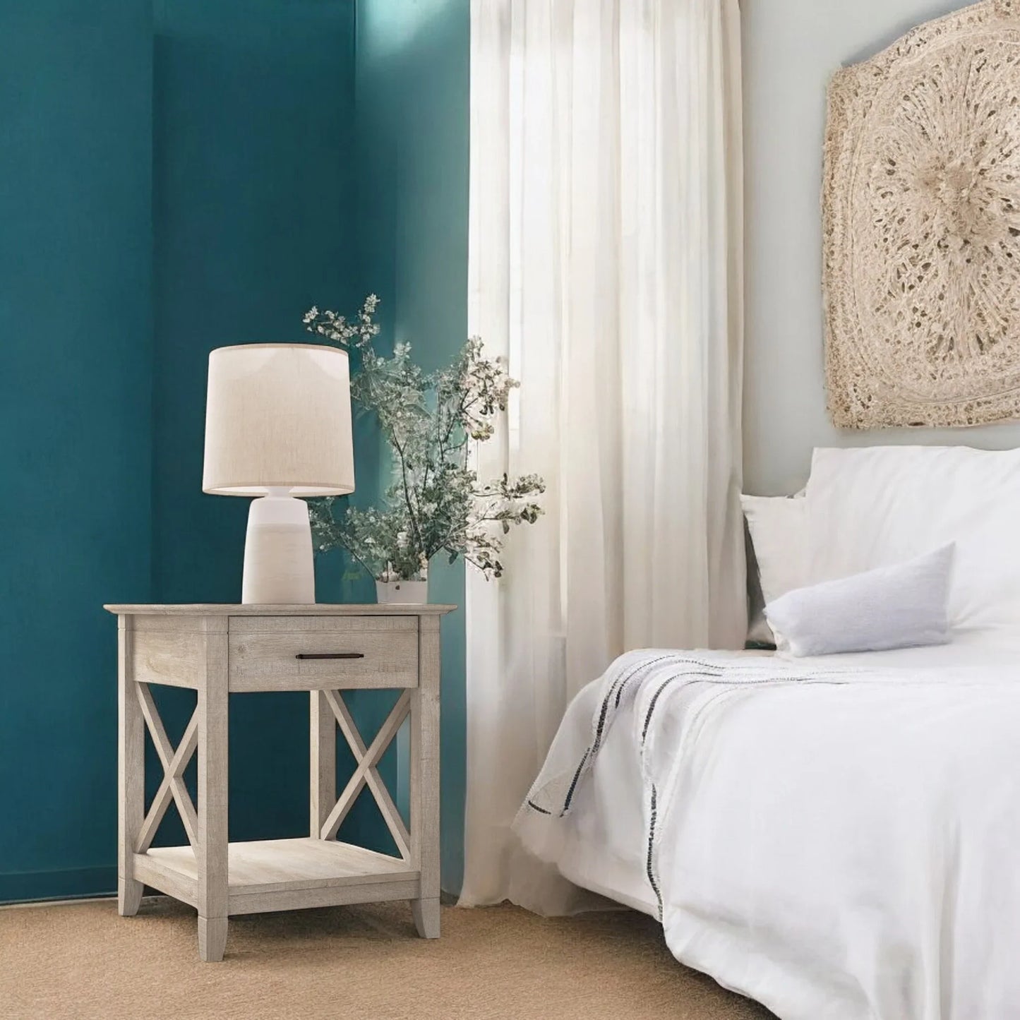 Farmhouse Style Light Wood Nightstand with Drawer and Shelf 