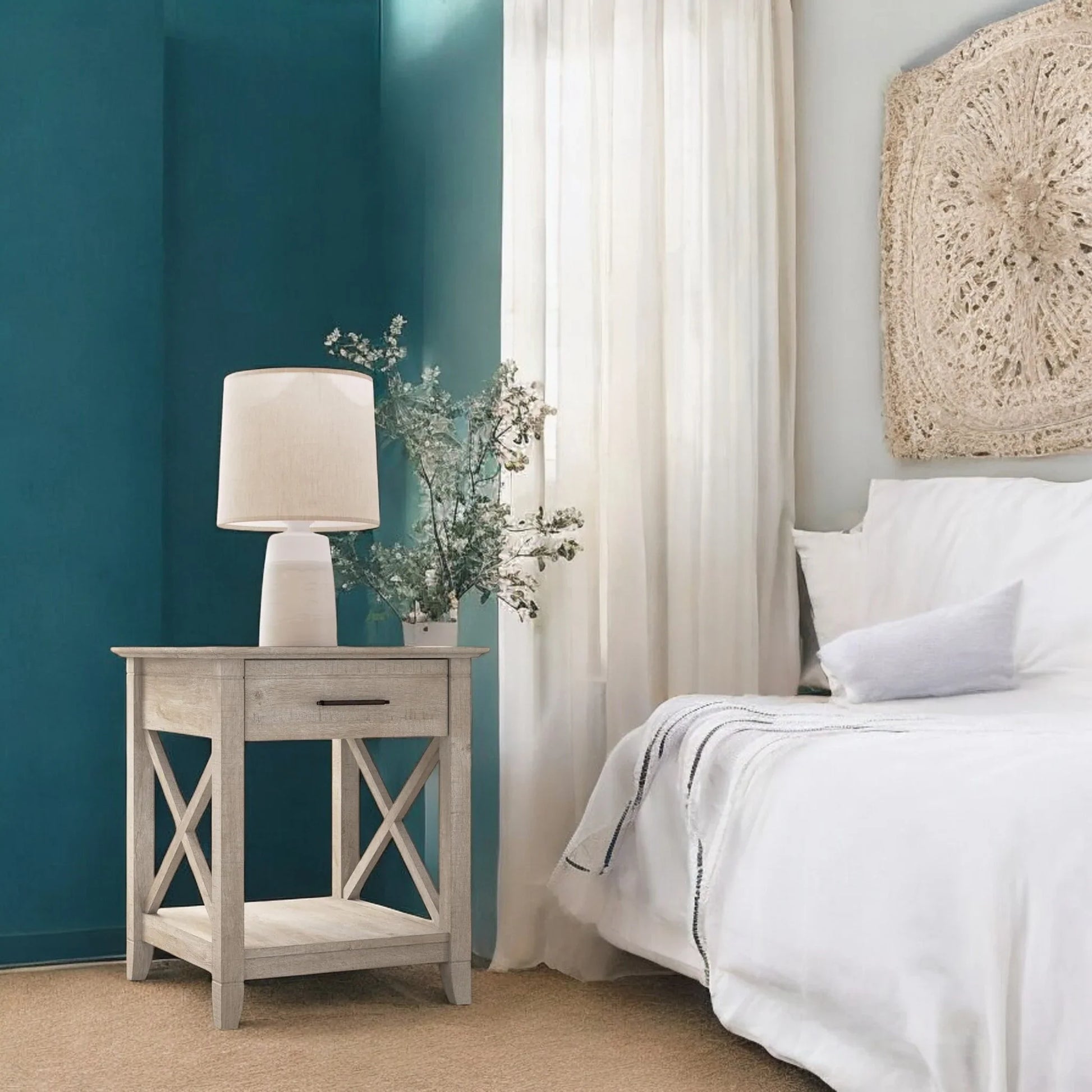 Farmhouse Style Light Wood Nightstand with Drawer and Shelf 