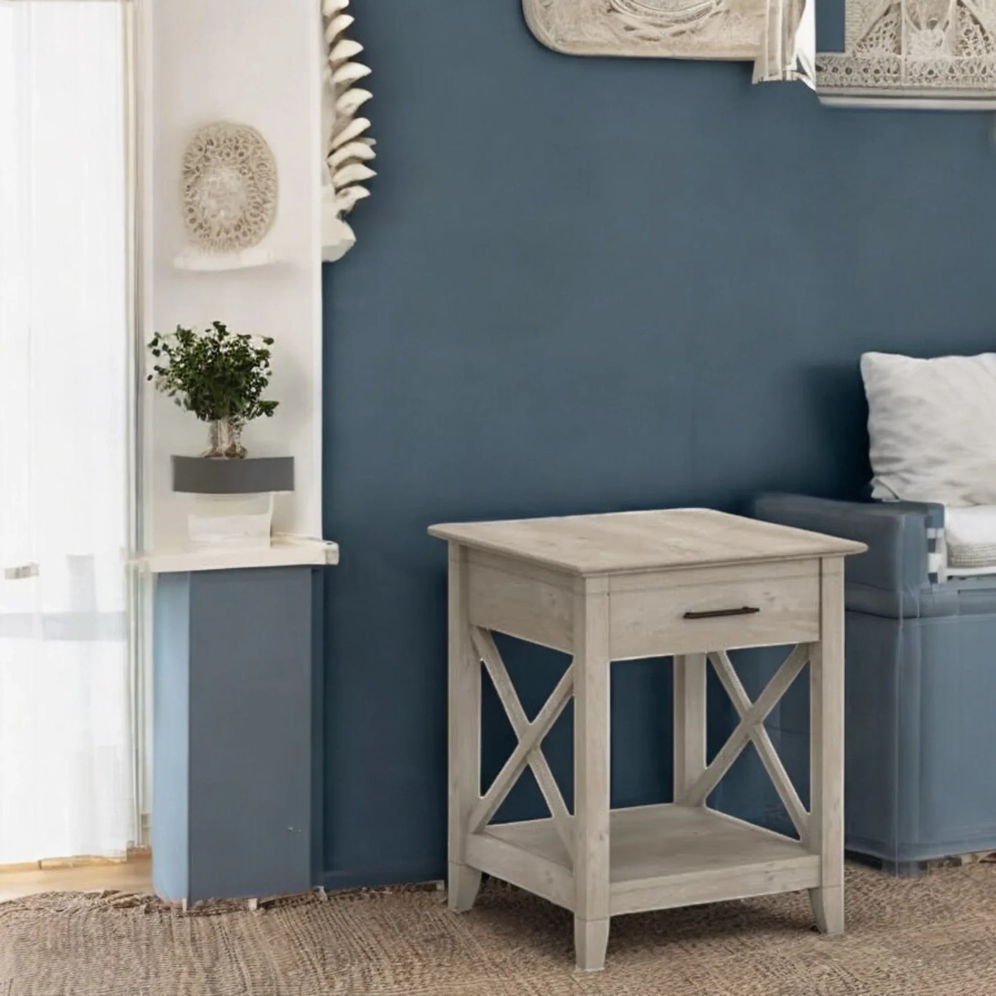 Farmhouse Style Light Wood Nightstand with Drawer and Shelf 