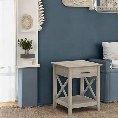 Farmhouse Style Light Wood Nightstand with Drawer and Shelf 