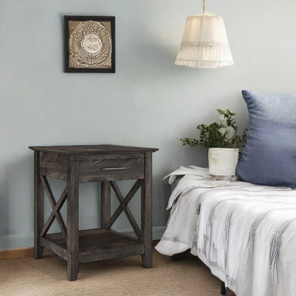 Farmhouse Style Light Wood Nightstand with Drawer and Shelf 