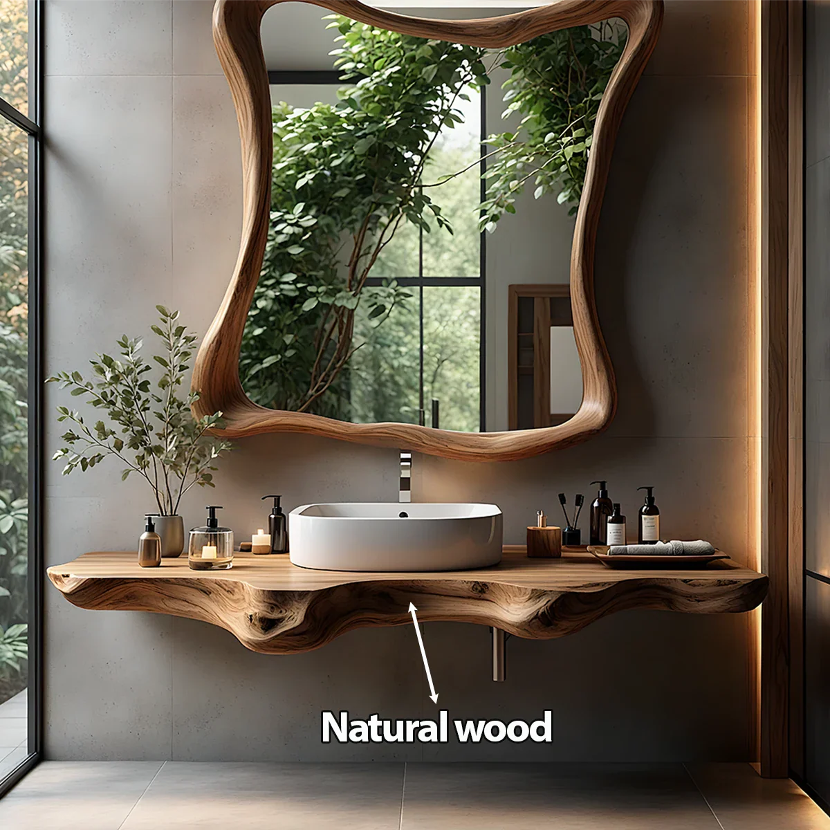 Organic Live Edge Floating Bathroom Vanity with Sculpted Frame Mirror - Rustira