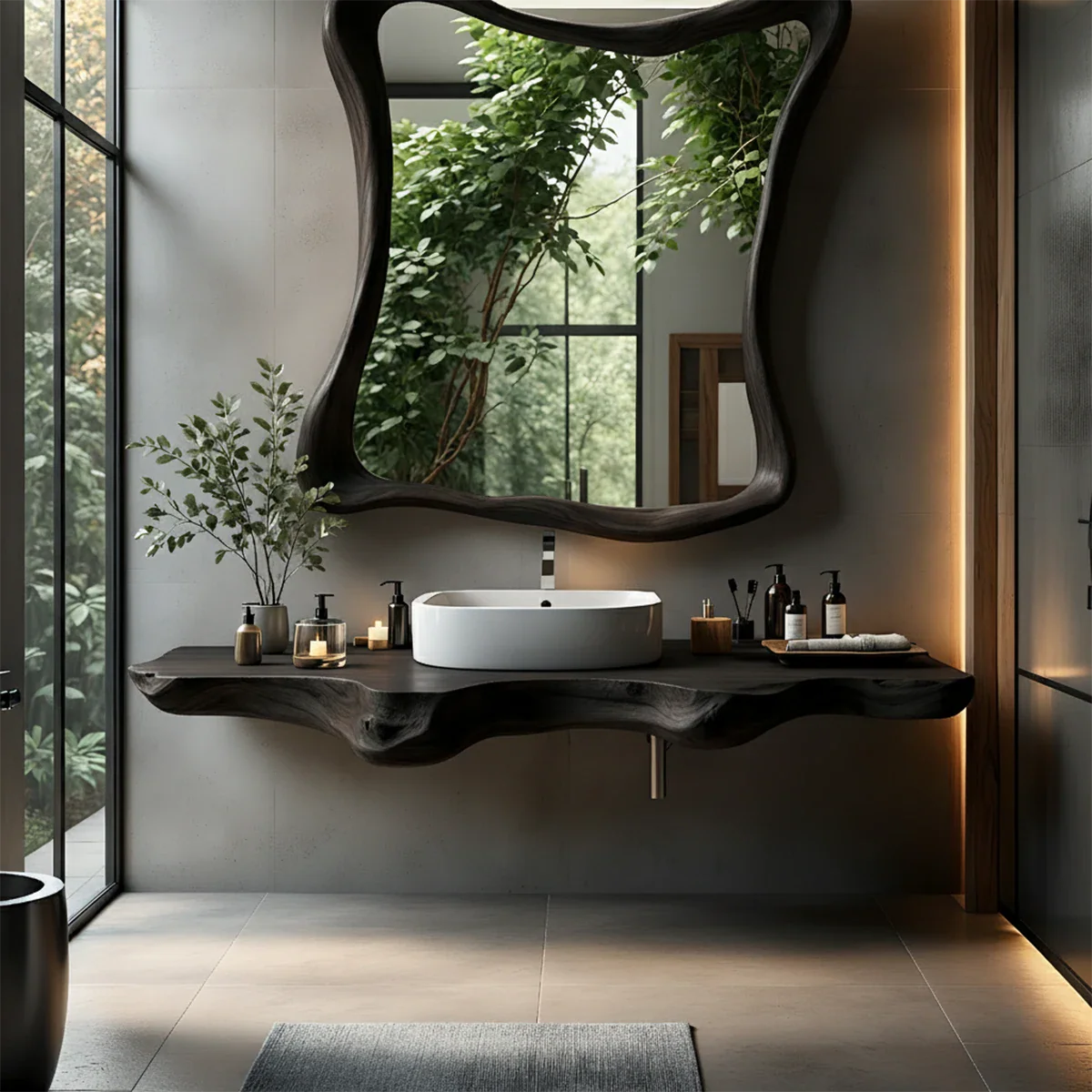 Organic Live Edge Floating Bathroom Vanity with Sculpted Frame Mirror - Rustira