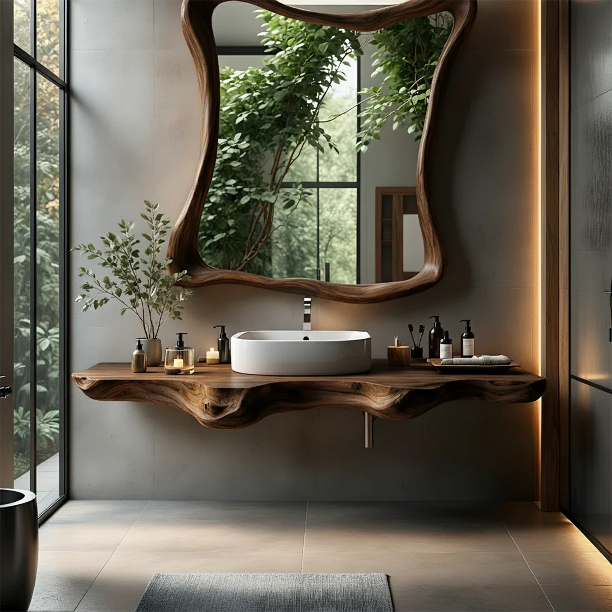 Organic Live Edge Floating Bathroom Vanity with Sculpted Frame Mirror - Rustira