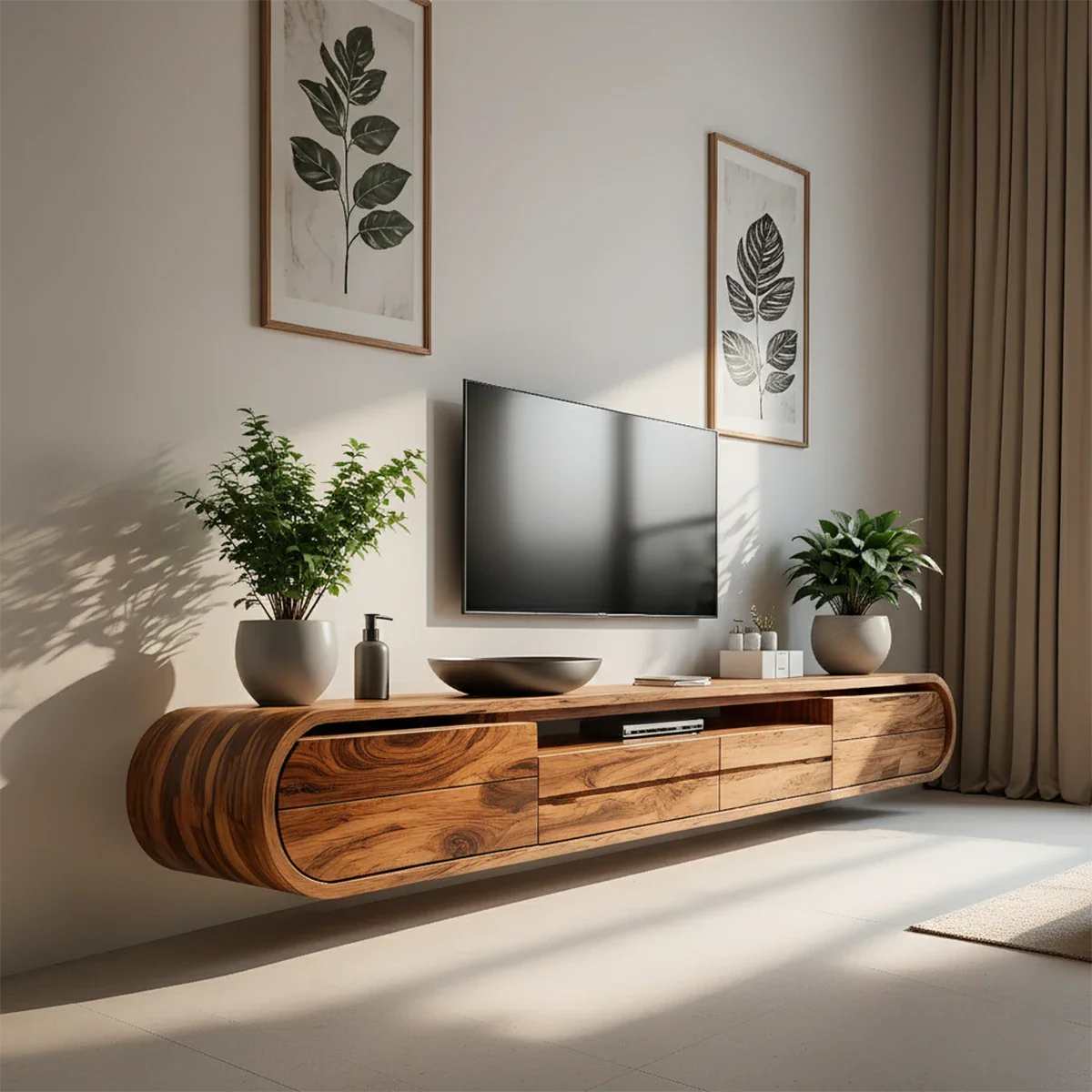 Floating Curved Edge Walnut TV Console — Organic Minimal Design - Rustira