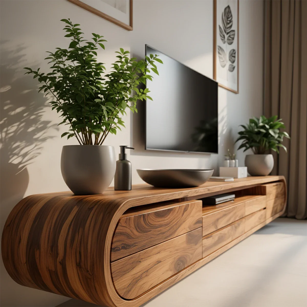 Floating Curved Edge Walnut TV Console — Organic Minimal Design - Rustira