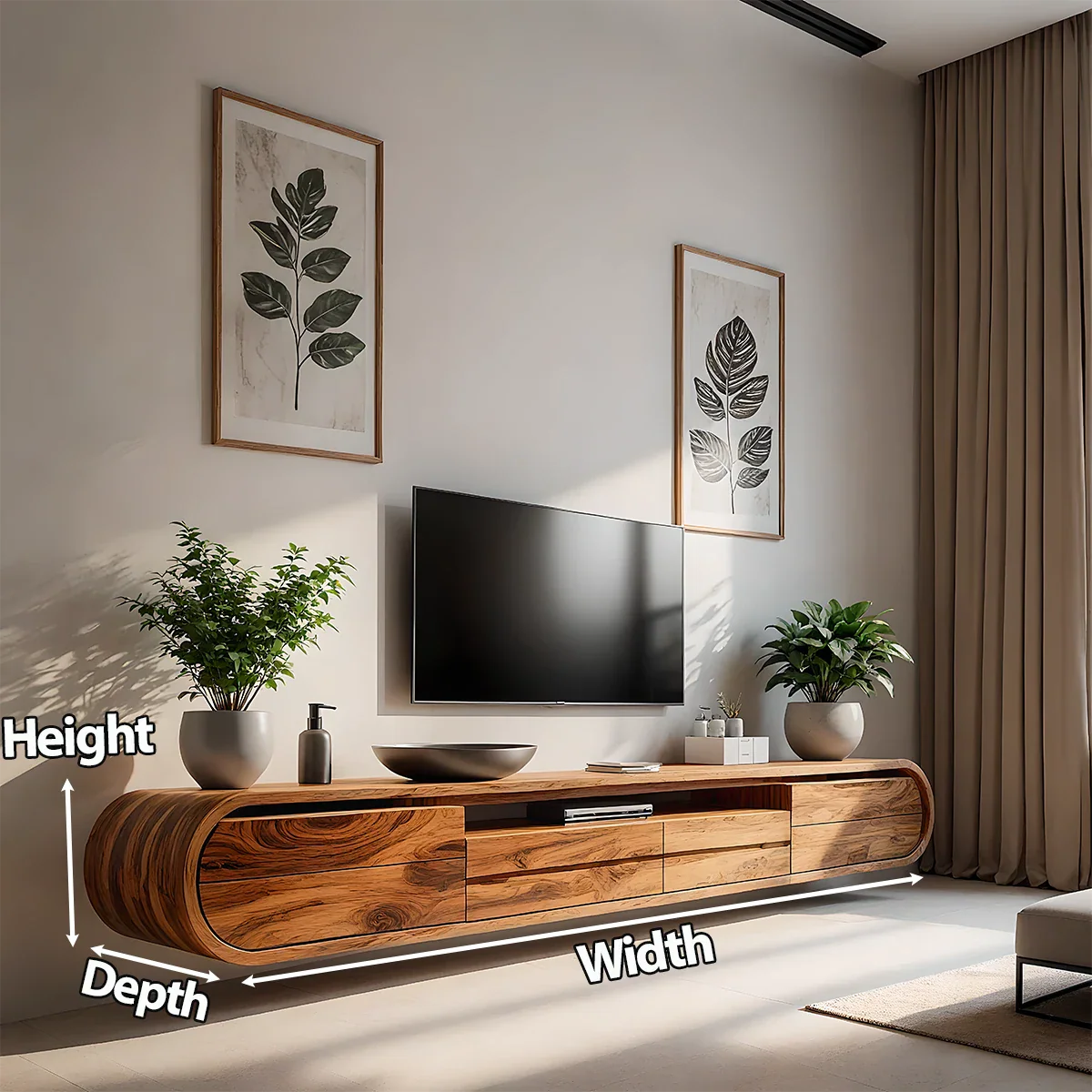Floating Curved Edge Walnut TV Console — Organic Minimal Design - Rustira