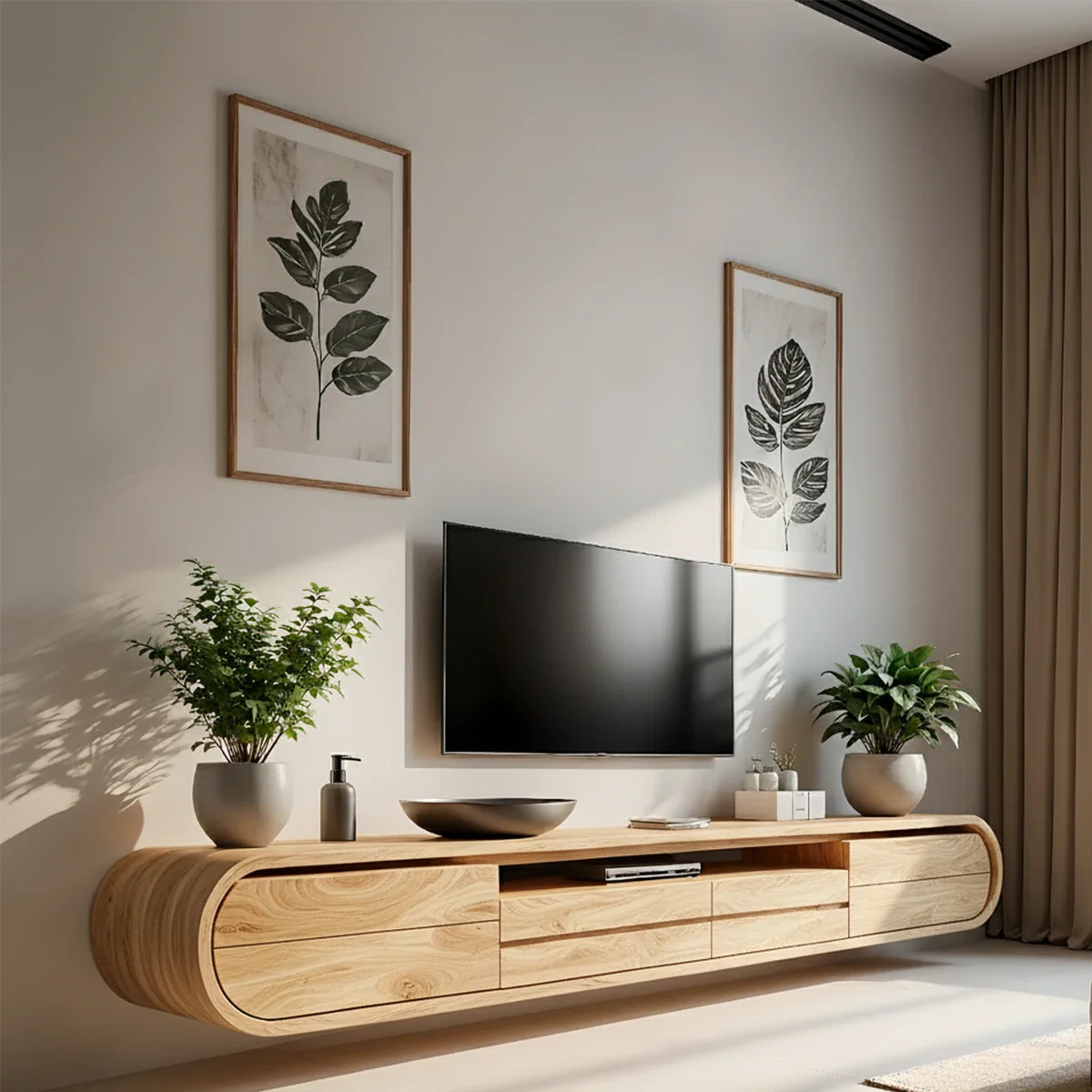 Floating Curved Edge Walnut TV Console — Organic Minimal Design - Rustira