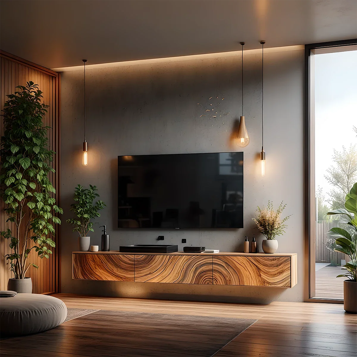 Floating Solid Wood TV Console with Artistic Grain & Soft Edge Design - Rustira