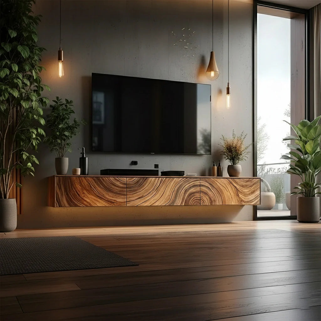 Floating Solid Wood TV Console with Artistic Grain & Soft Edge Design - Rustira