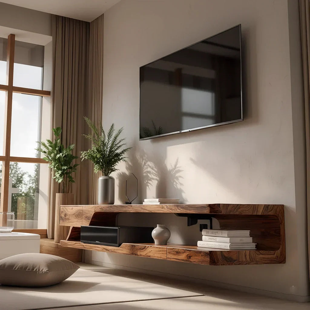 Floating Solid Wood TV Stand – Minimal Organic Modern Wall-Mounted Console - Rustirawood