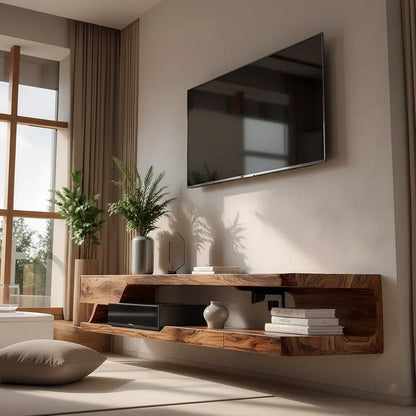 Floating Solid Wood TV Stand – Minimal Organic Modern Wall-Mounted Console - Rustirawood
