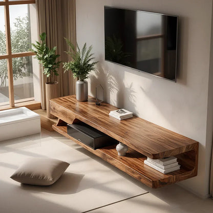 Floating Solid Wood TV Stand – Minimal Organic Modern Wall-Mounted Console - Rustirawood
