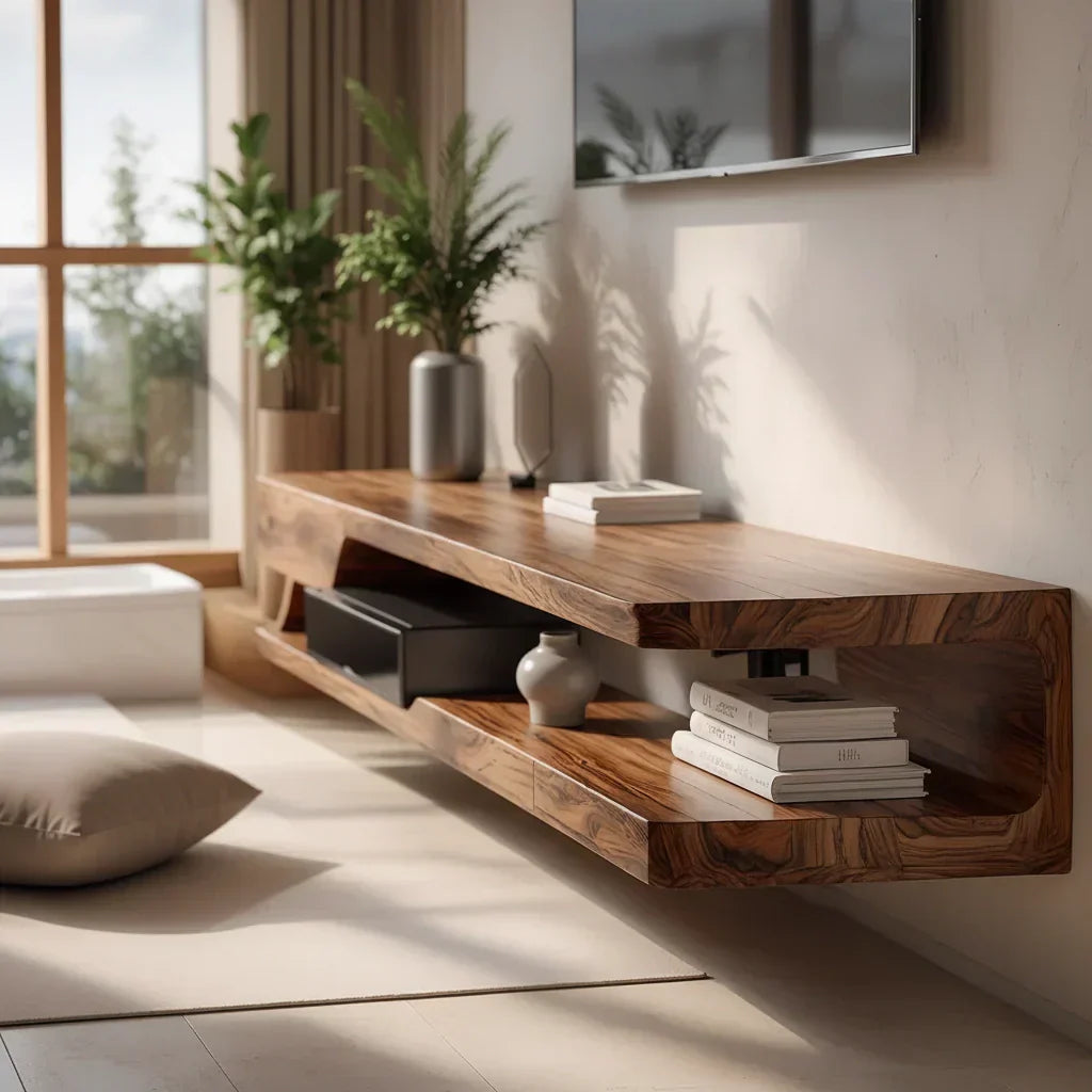 Floating Solid Wood TV Stand – Minimal Organic Modern Wall-Mounted Console - Rustirawood