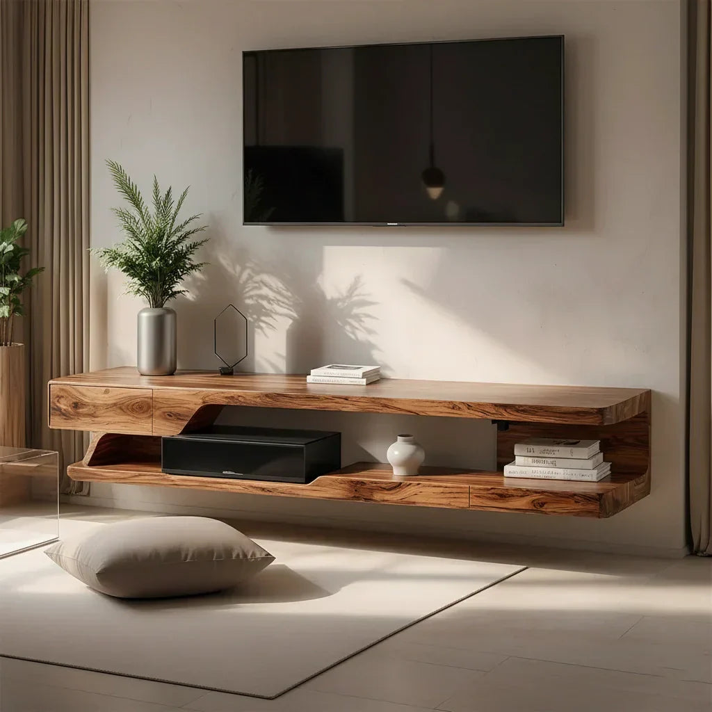 Floating Solid Wood TV Stand – Minimal Organic Modern Wall-Mounted Console - Rustirawood