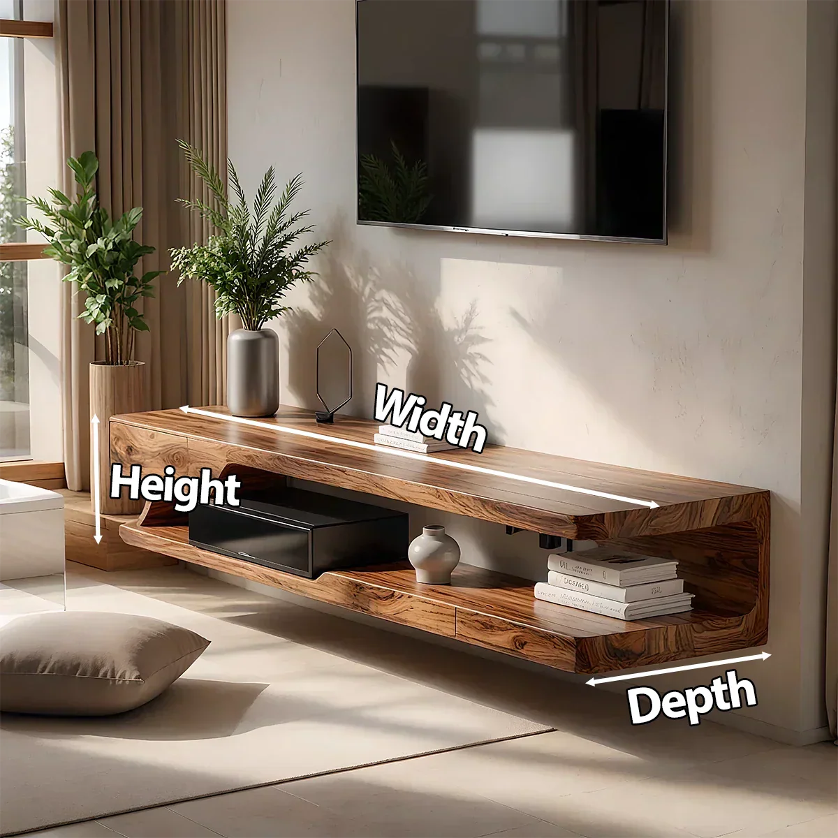 Floating Solid Wood TV Stand – Minimal Organic Modern Wall-Mounted Console - Rustirawood