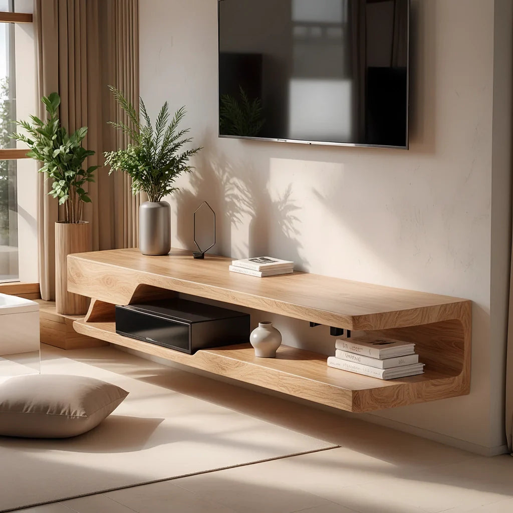 Floating Solid Wood TV Stand – Minimal Organic Modern Wall-Mounted Console - Rustira