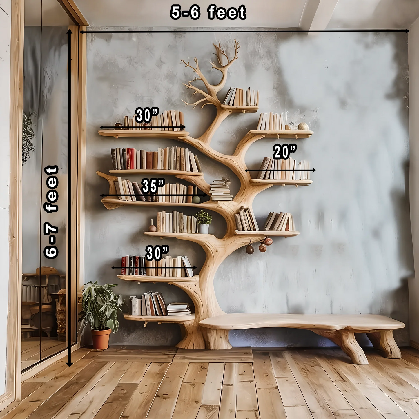 Floating shelves made of driftwood and solid wood, modern design 