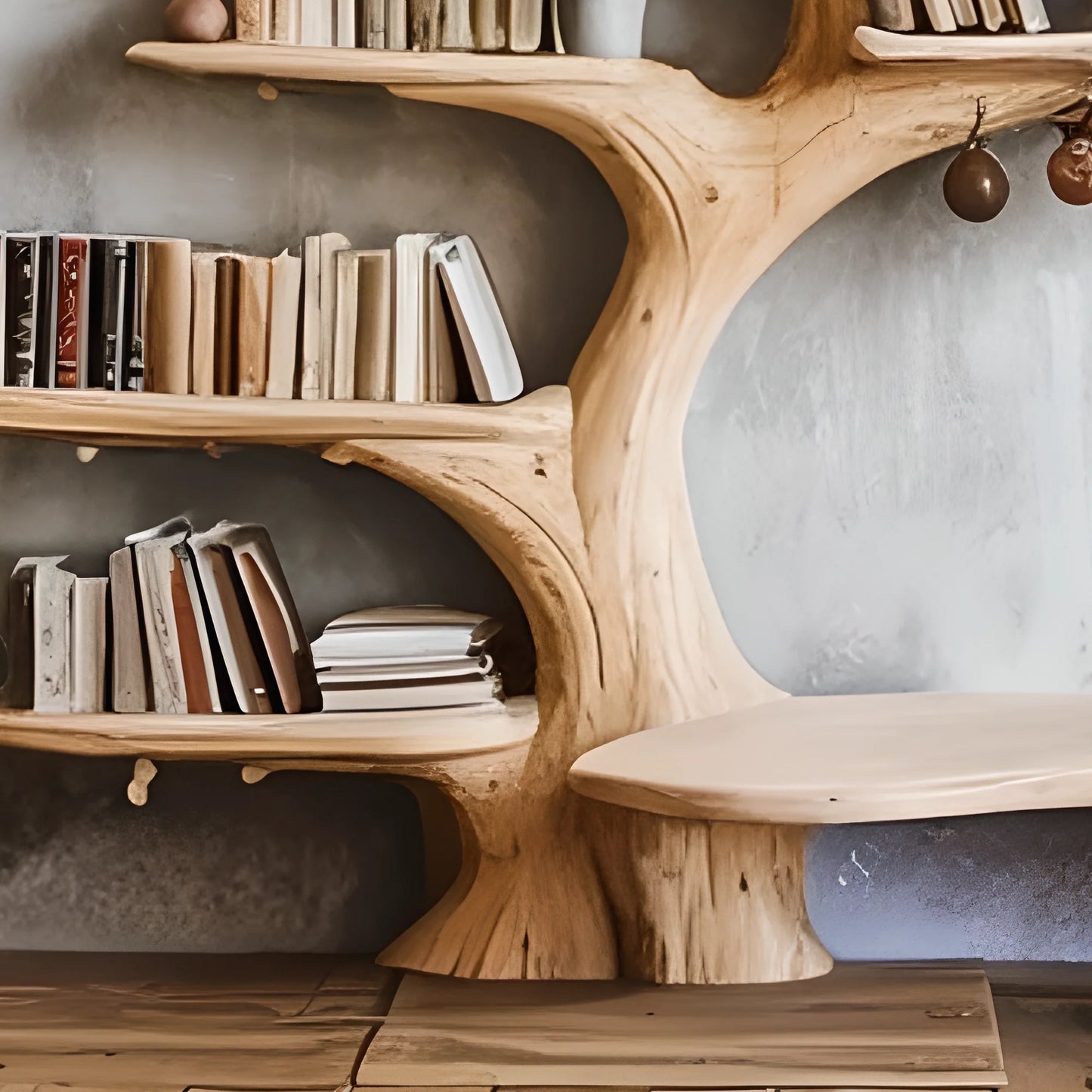 Floating shelves made of driftwood and solid wood, modern design 