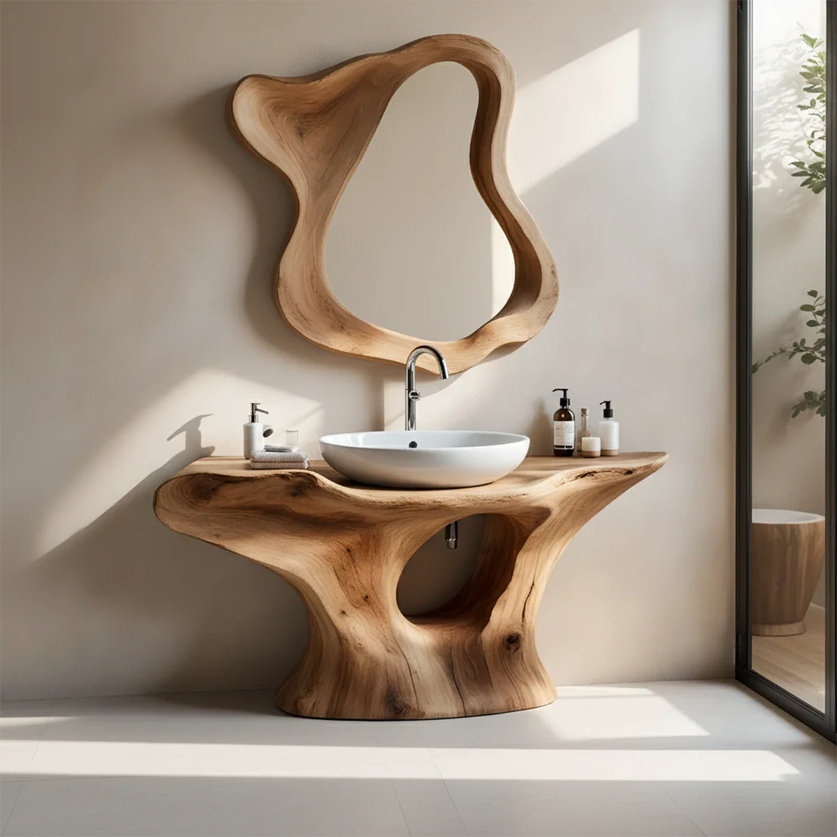 Organic Flow Bathroom Vanity – Natural Solid Wood Sculptural Sink Console - Rustira