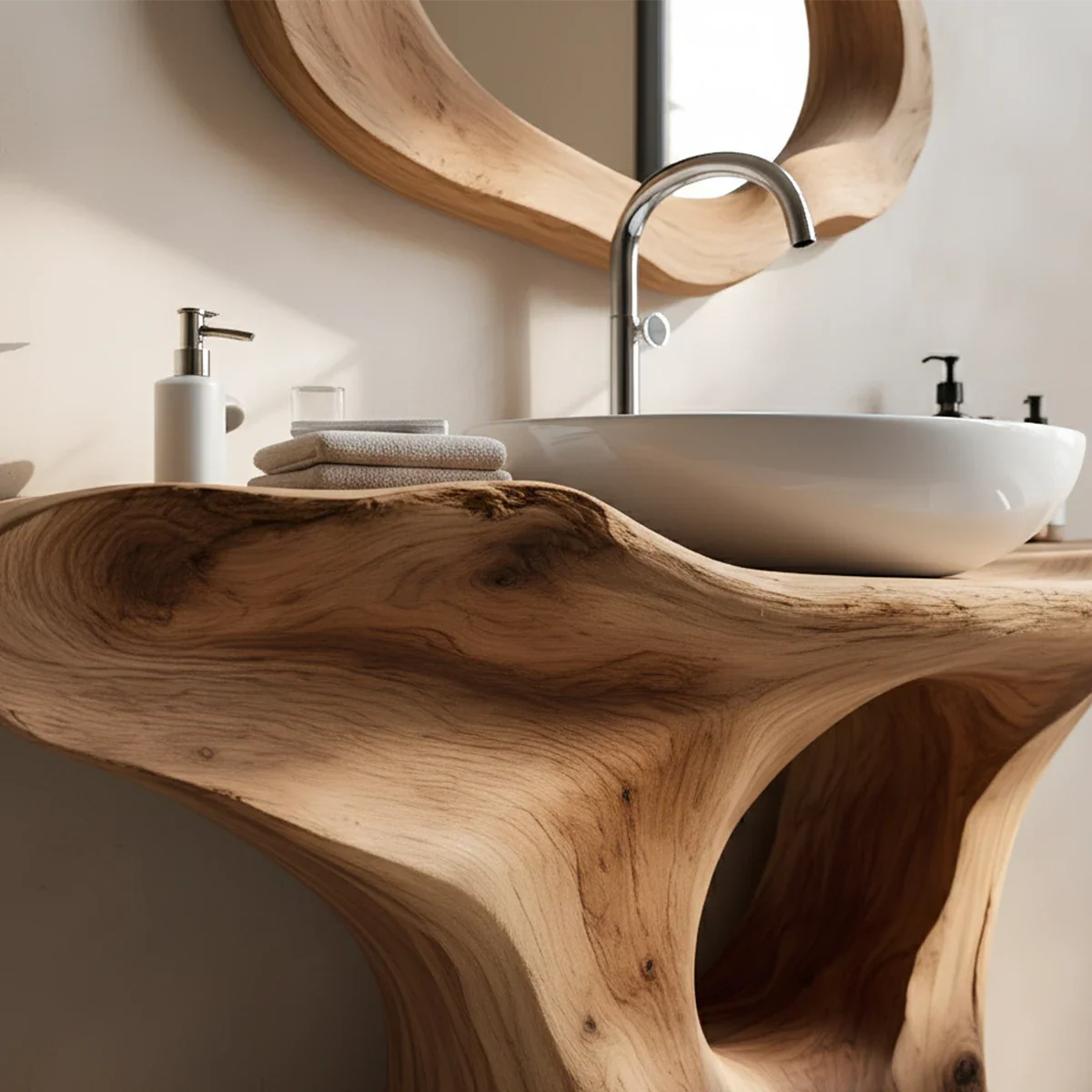 Organic Flow Bathroom Vanity – Natural Solid Wood Sculptural Sink Console - Rustira