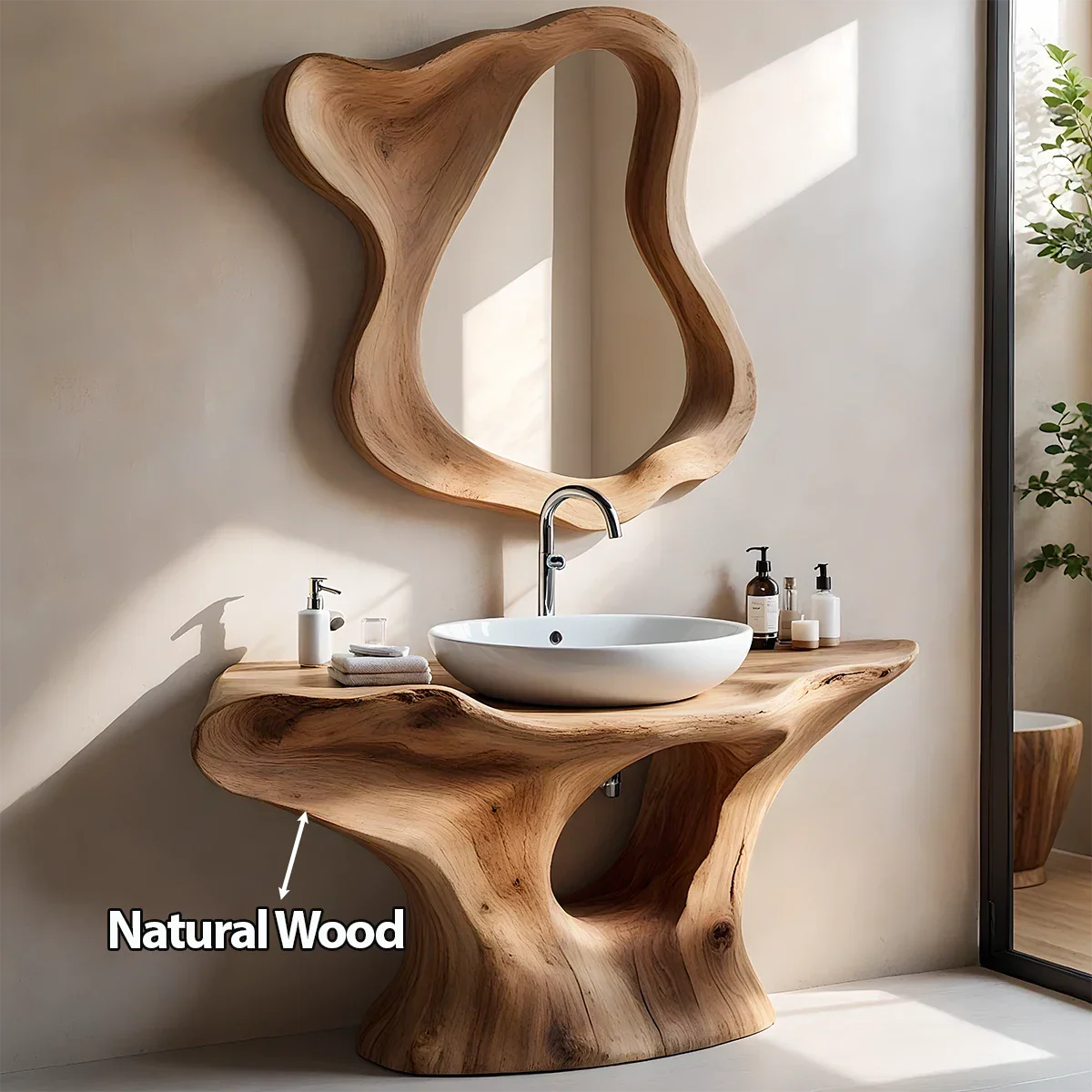 Organic Flow Bathroom Vanity – Natural Solid Wood Sculptural Sink Console - Rustira