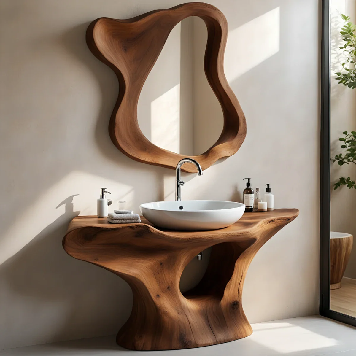 Organic Flow Bathroom Vanity – Natural Solid Wood Sculptural Sink Console - Rustira