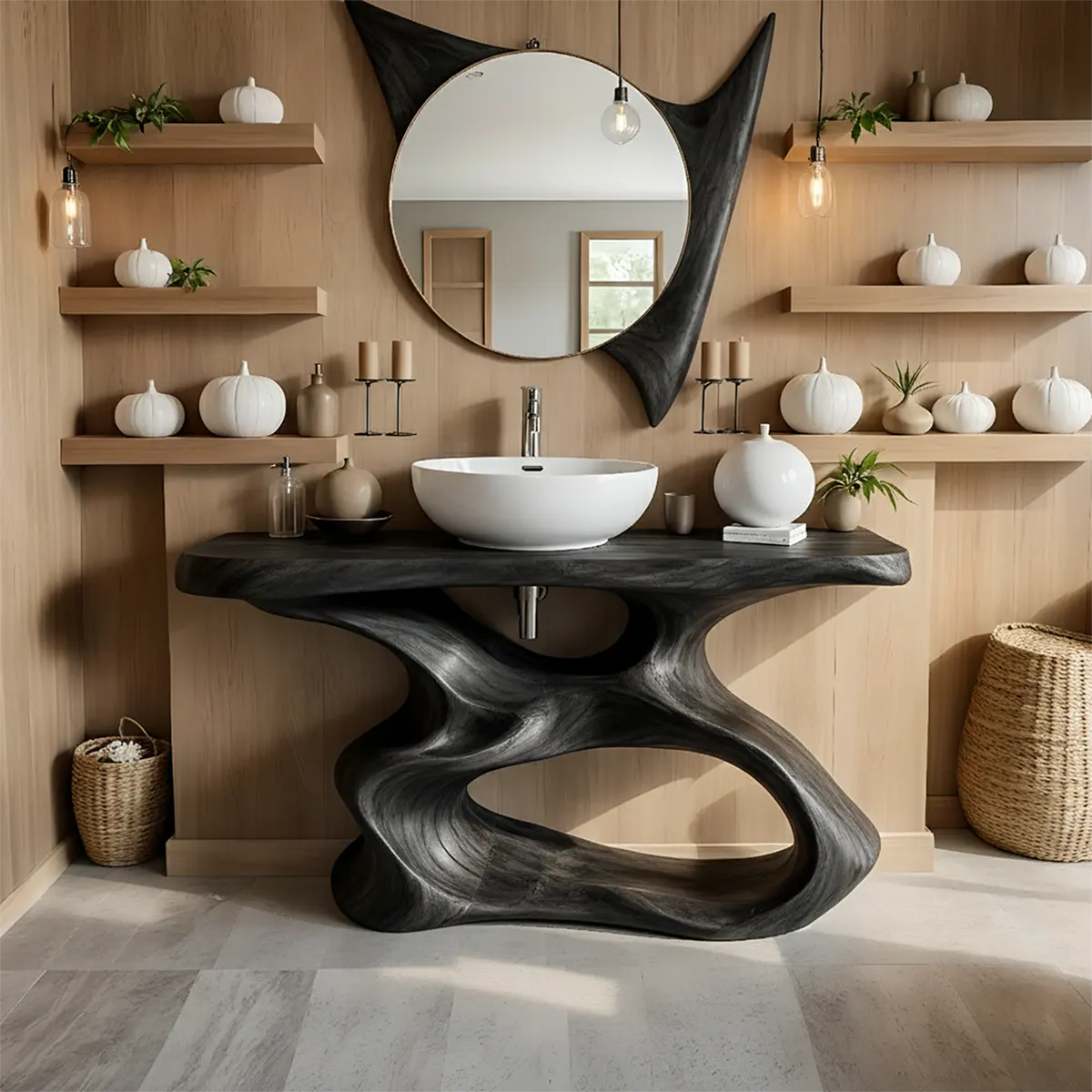 FlowForm Vanity – Sculpted Organic Solid Wood Bathroom - Rustira