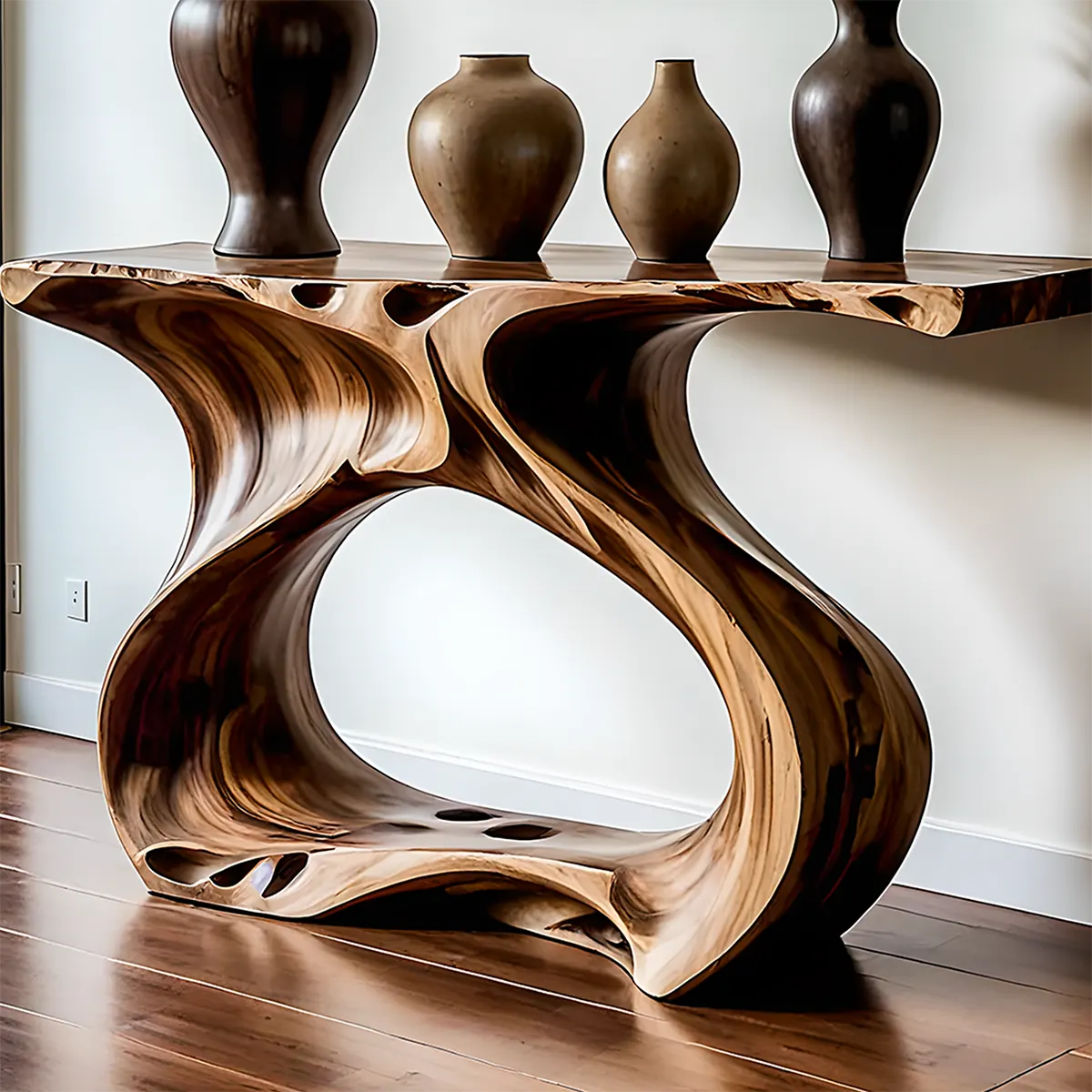 Flowing Walnut Console Table – Artistic Double Form Design - Rustira