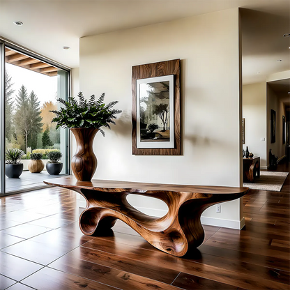 Fluid Twist Walnut Console Table – Modern Sculptural Wood - Rustira