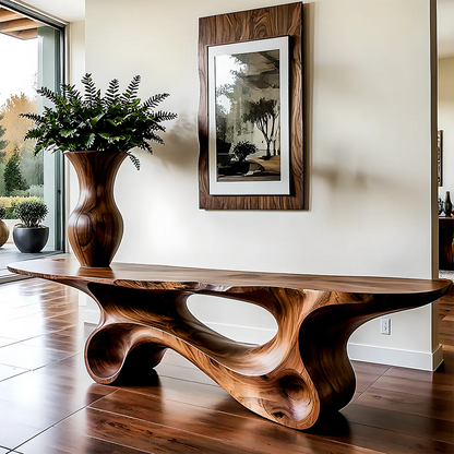 Fluid Twist Walnut Console Table – Modern Sculptural Wood - Rustira