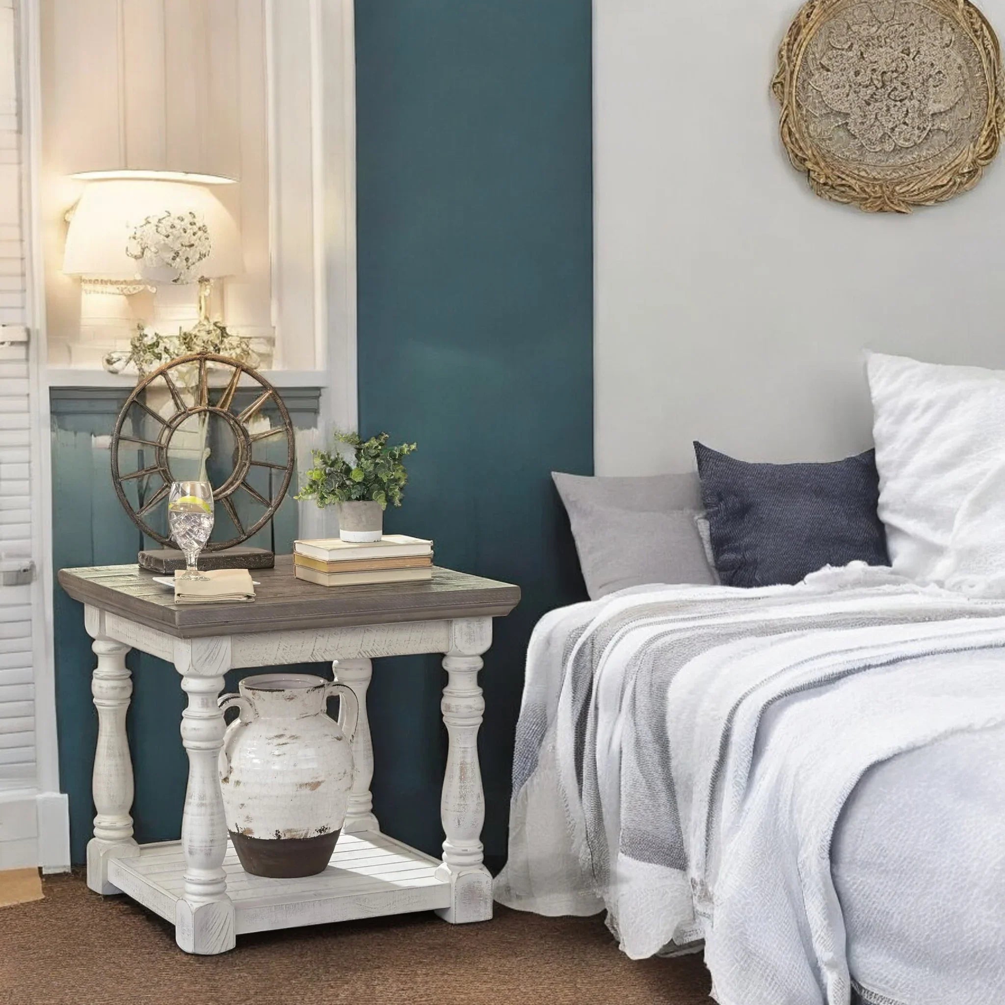 French Country Farmhouse End Table – Vintage White & Grey Wood 