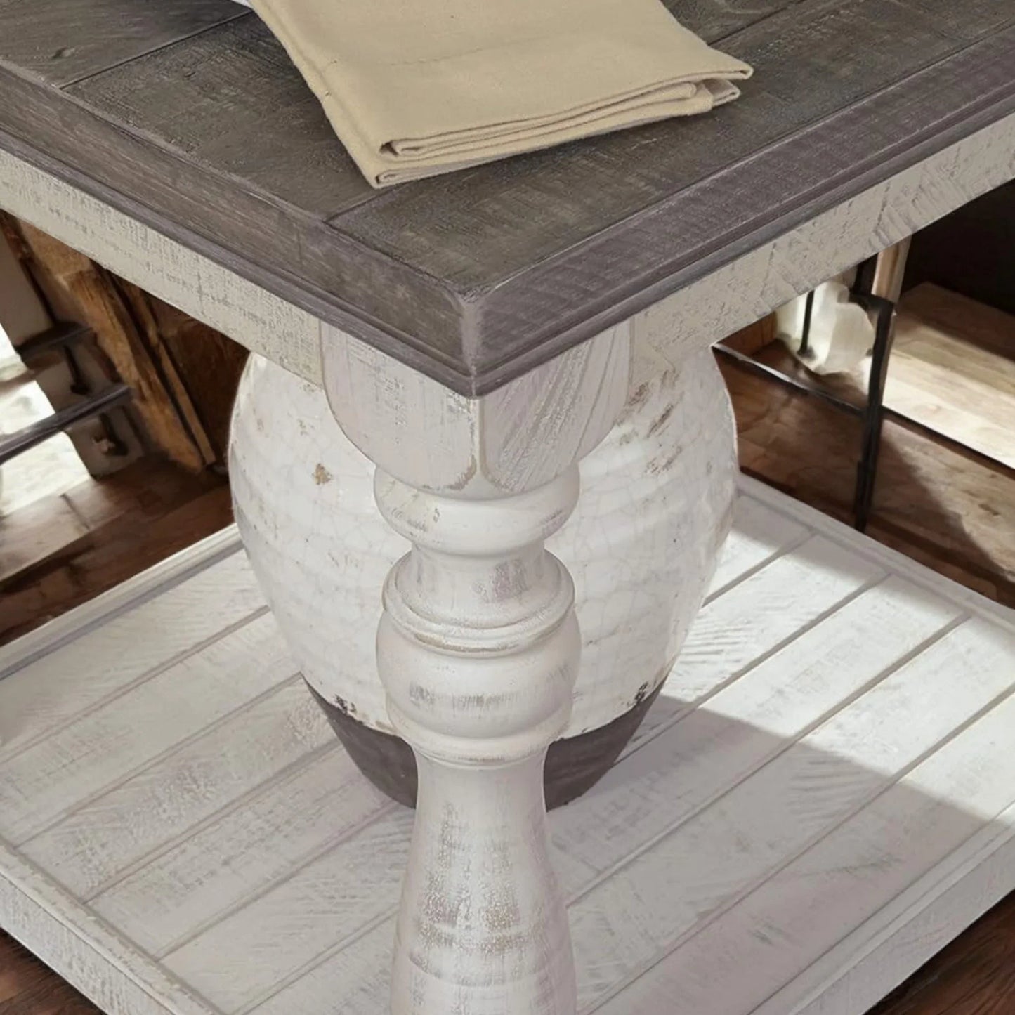 French Country Farmhouse End Table – Vintage White & Grey Wood 