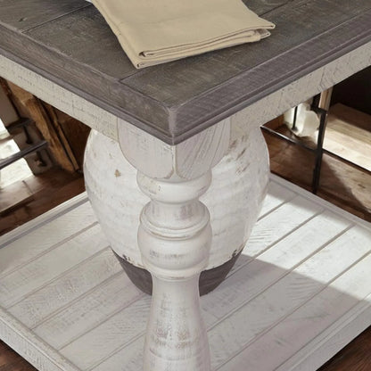French Country Farmhouse End Table – Vintage White & Grey Wood 